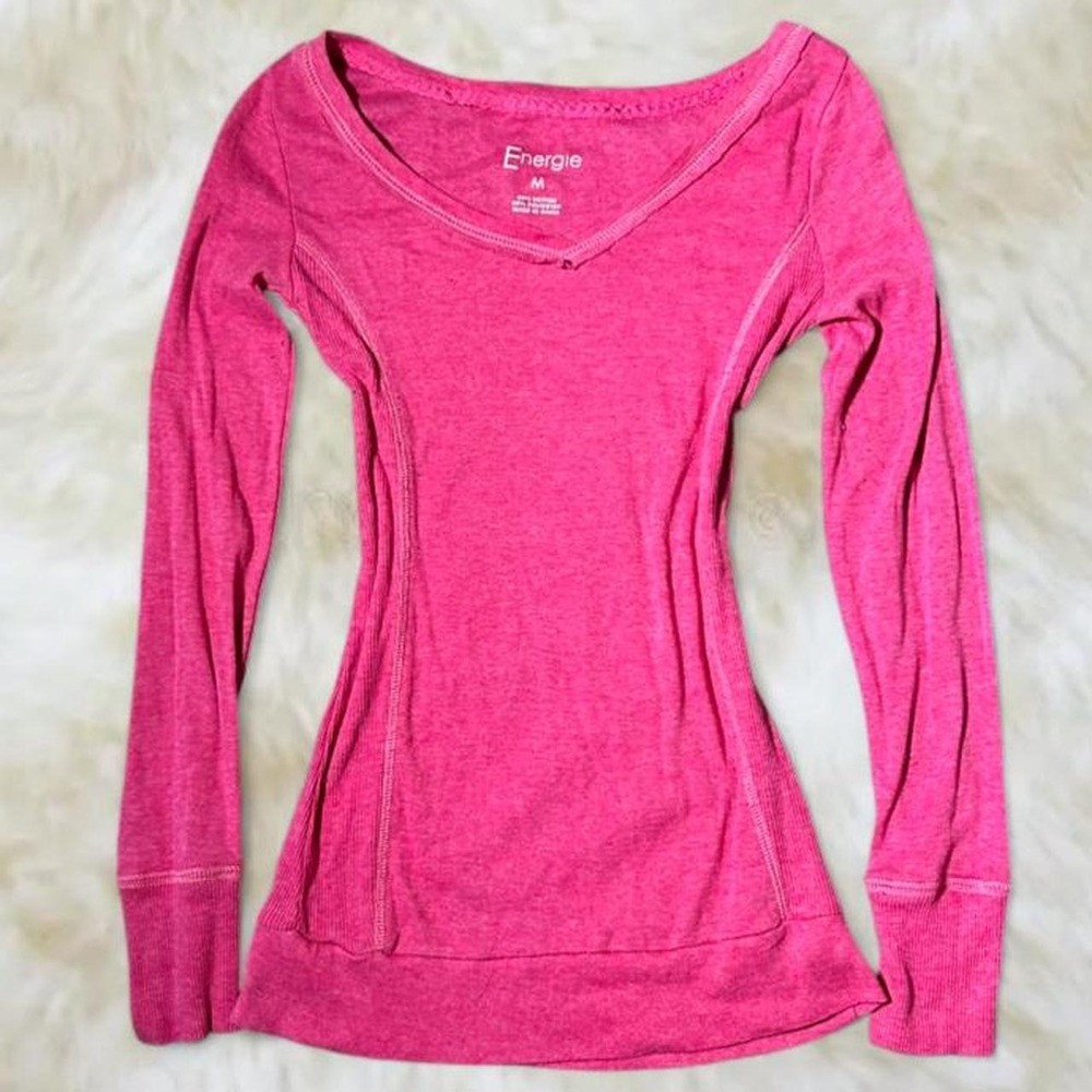 Energie Y2K Pink Fitted Long Sleeve Scoop Neck Top Size Medium Hot Pink 2000s